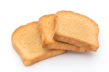 Slices of toast bread on wooden table, top view.