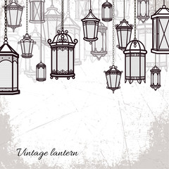 Vector vintage lantern set background Classic antique light backdroop. Ancient retro lamp design. Traditional silhouette. Old graphic object design. Elegant collection.