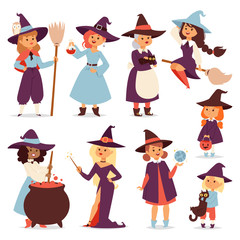 Cute little witch with broom cartoon cat for print on bag magic halloween card and fantasy young girls character in costume hat vector illustration.