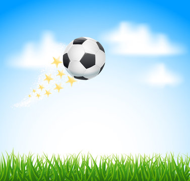 soccer ball flying over green grass and blue sky with clouds. vector illustration