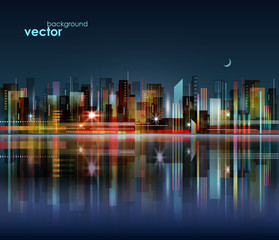 Night city skyline with reflection on water surface, vector illustration