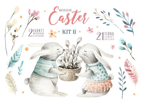 Hand drawing easter watercolor cartoon bunnies with leaves, branches and feathers. indigo Watercolour rabbit art illustration in vintage boho style. Greeting bohemian bunny card.