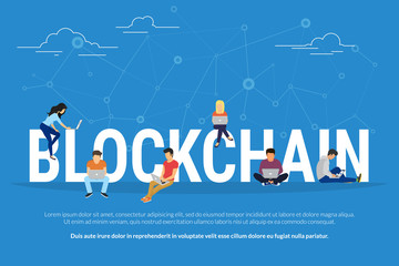 Blockchain concept illustration of young men and women using laptop and for database coding and development software platform for digital assets. Flat design of people sitting on big letters