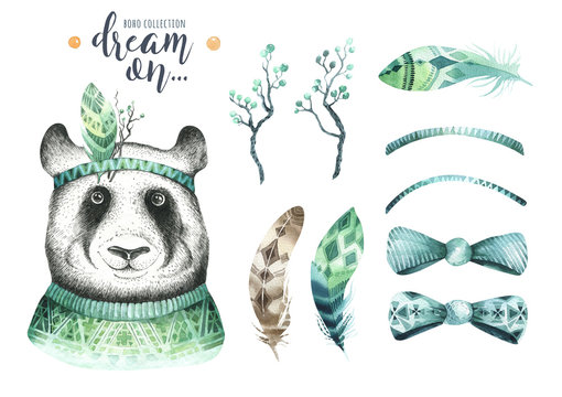 Watercolor panda illustration. Bohemian cute animal. Boho style. Nursary art print. Feathers collection