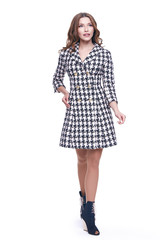 Beautiful glamour sexy woman dark brunette hair wear dress