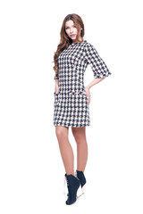 Beautiful glamour sexy woman dark brunette hair wear dress