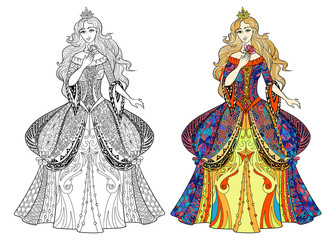 Princess page for adult coloring book. Decorative doodle girl isolated on white.