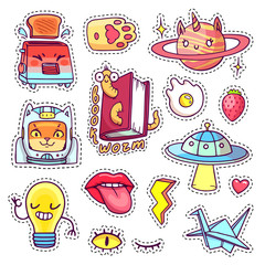 Cool patch badges and pins in 80s-90s pop art style with cartoon animals, characters and food. Vector set of different hand drawn stickers including book worm, cat astronaut, angry toaster, etc.