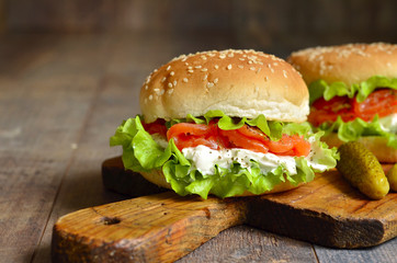 Healthy burger with salted salmon and cream cheese.