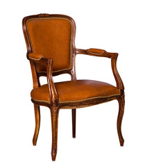 Isolated vintage brown leather armchair