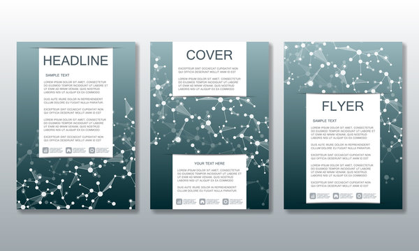 Set of business templates for brochure, flyer, cover magazine in A4 size. Structure molecule DNA and neurons. Geometric abstract background. Medicine, science, technology. Scalable vector graphics.
