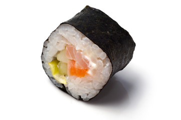 Sushi, nori rolls with salmon, avocado close-up isolated on white background