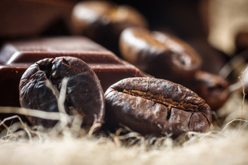 Close up of chocolate and coffee beans, shallow dof