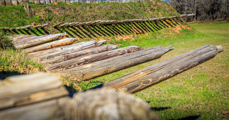 Fototapeta na wymiar Wooden Outriggers of Historic Fort Jackson: Wetumpka, Alabama`s Fort Jackson, American post, wooden outriggers.