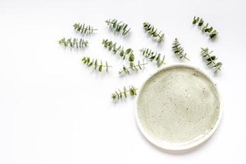 woman breakfast mockup with lavander and eucalyptus on white table top view