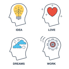 Idea Inspiration Love Dreams Business Concept Line Vector Illustration Material Design Poster With Icons Set