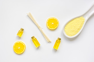 cosmetic spa set with oils and salt white background top view mock-up