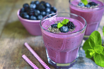 Healthy diet forest berry smoothie with chia seeds.