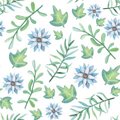 Seamless Pattern of Watercolor Leaves and Light Blue Flowers