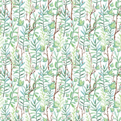 Seamless Pattern of Watercolor Leaves and Tree Branches