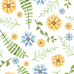 Behang Seamless Pattern of Watercolor Yellow and Blue Flowers © Nebula Cordata