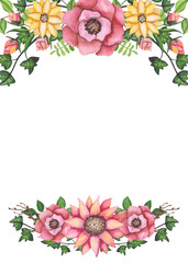 Frame with Watercolor Garden Flowers, Leaves and Twigs