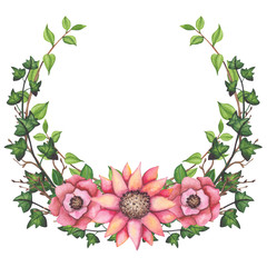 Wreath with Watercolor Ivy and Pink Flowers