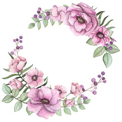 Wreath with Watercolor Roses, Berries and Leaves