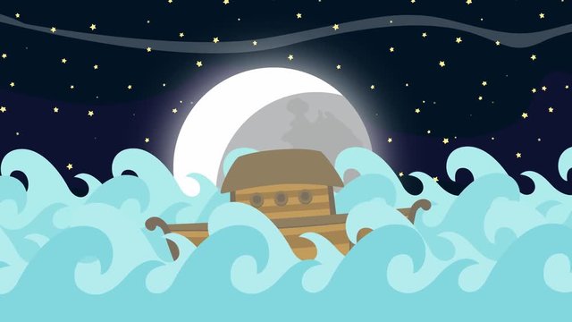 Noah's Ark Floating in the Middle of the Sea on a Starry Night Background