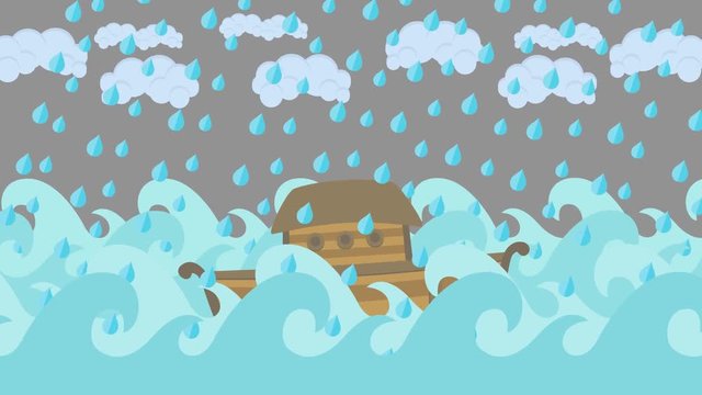 Noah's Ark Floating in the Middle of the Sea With Cloudy Sky and Rain