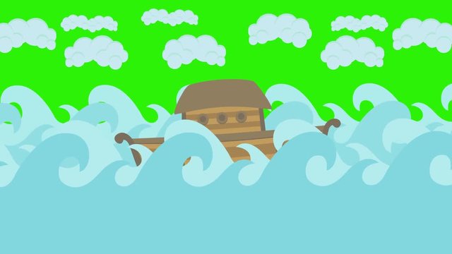 Noah's Ark Floating in the Middle of the Sea With Cloudy Sky on a Green Screen