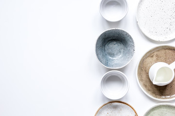 ceramic tableware top view on white background mock up