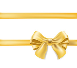 Golden yellow bow with horizontal ribbon isolated on white. Decorative design element. vector