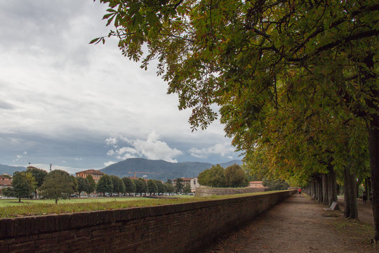 View of lanscape from the wall around Lucca old city. Tuscany. Italy.