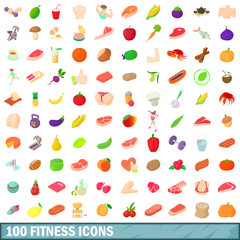 100 fitness icons set, cartoon style