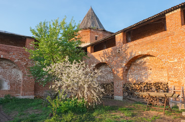 Blooming spring apple tree in the courtyard of the old fortress. Zaraysk Kremlin in Moscow in Russia