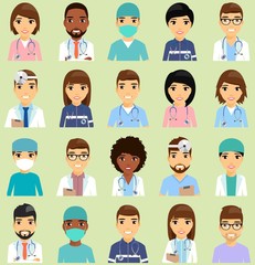 Icons with doctors. The doctors of different specializations. African Americans, Europeans. Isolated flat style