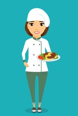 Girl chef in working form, with a dish in her hand. Isolation in a flat style. Cartoon. On a blue background. Happy girl.