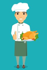 Chef isolated in a flat style with a dish in her hand. Thumb up. Blue background. Happy guy.