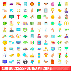 100 successful team icons set, cartoon style