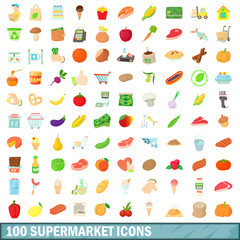100 supermarket icons set, cartoon style