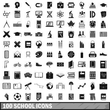 100 school icons set in simple style