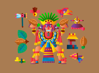 Vector illustration flat style aztec maya element collection for chocolate package design.