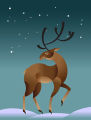Vector illustration cartoon style deer on night sky background.