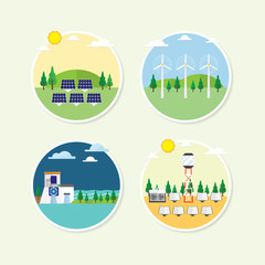 renewable energy circle icon with solar cell, solar thermal, wind turbine and hydro energy