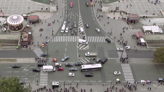 Aerial view of city intersection traffic in Paris, France