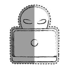 sticker monochrome blurred of criminal hacker and laptop vector illustration