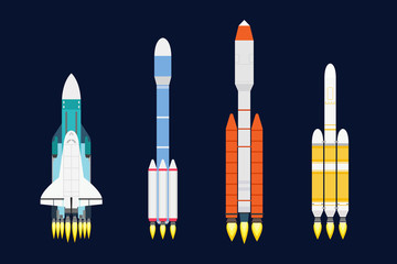 Vector technology ship rocket cartoon design for startup innovation product and cosmos fantasy space launch graphic exploration.