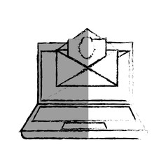 monochrome blurred contour with laptop computer and virus mail vector illustration