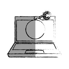 monochrome blurred contour of laptop computer with virus bomb on screen vector illustration